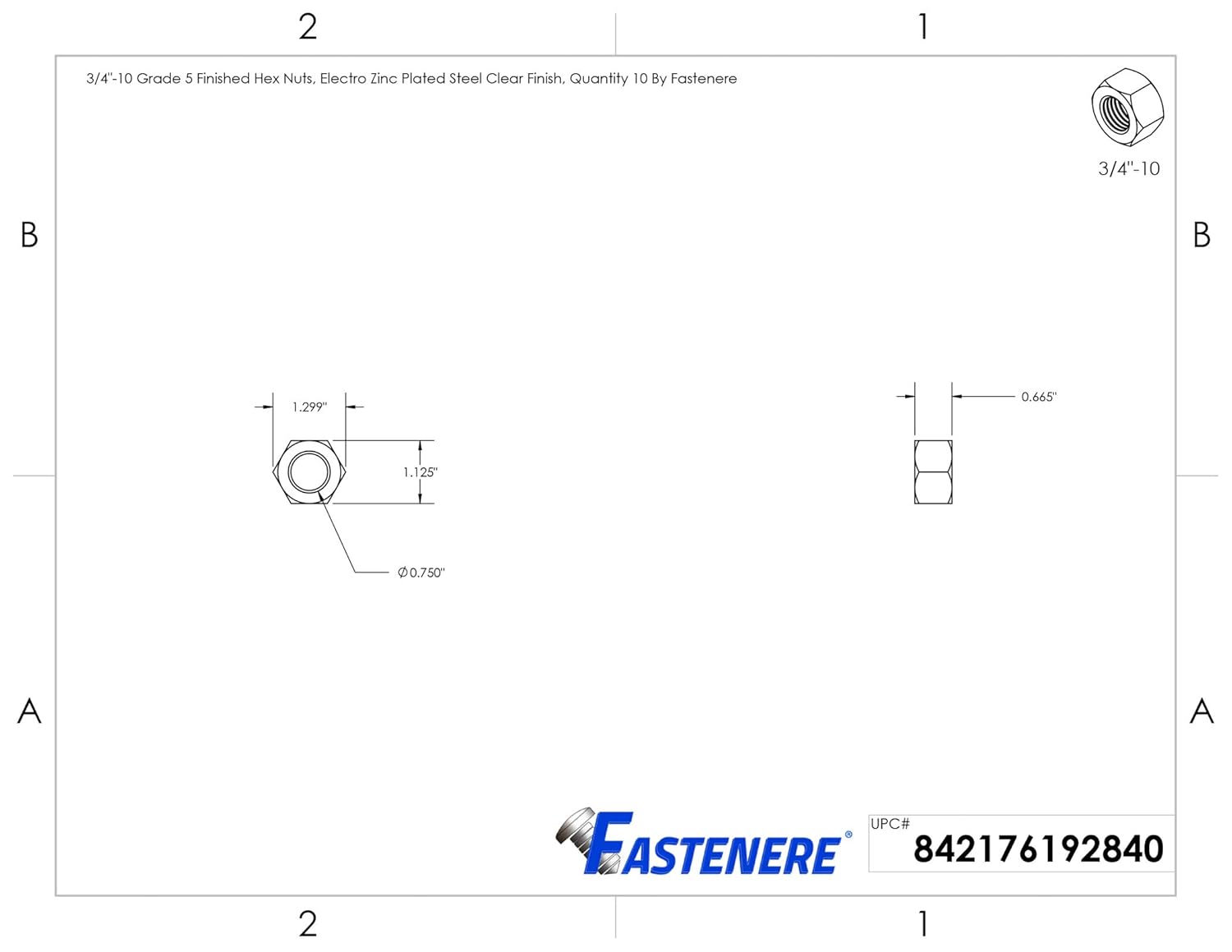 3/4"-10 Grade 5 Finished Hex Nuts, Electro Zinc Plated Steel Clear Finish, Quantity 10 by Fastenere