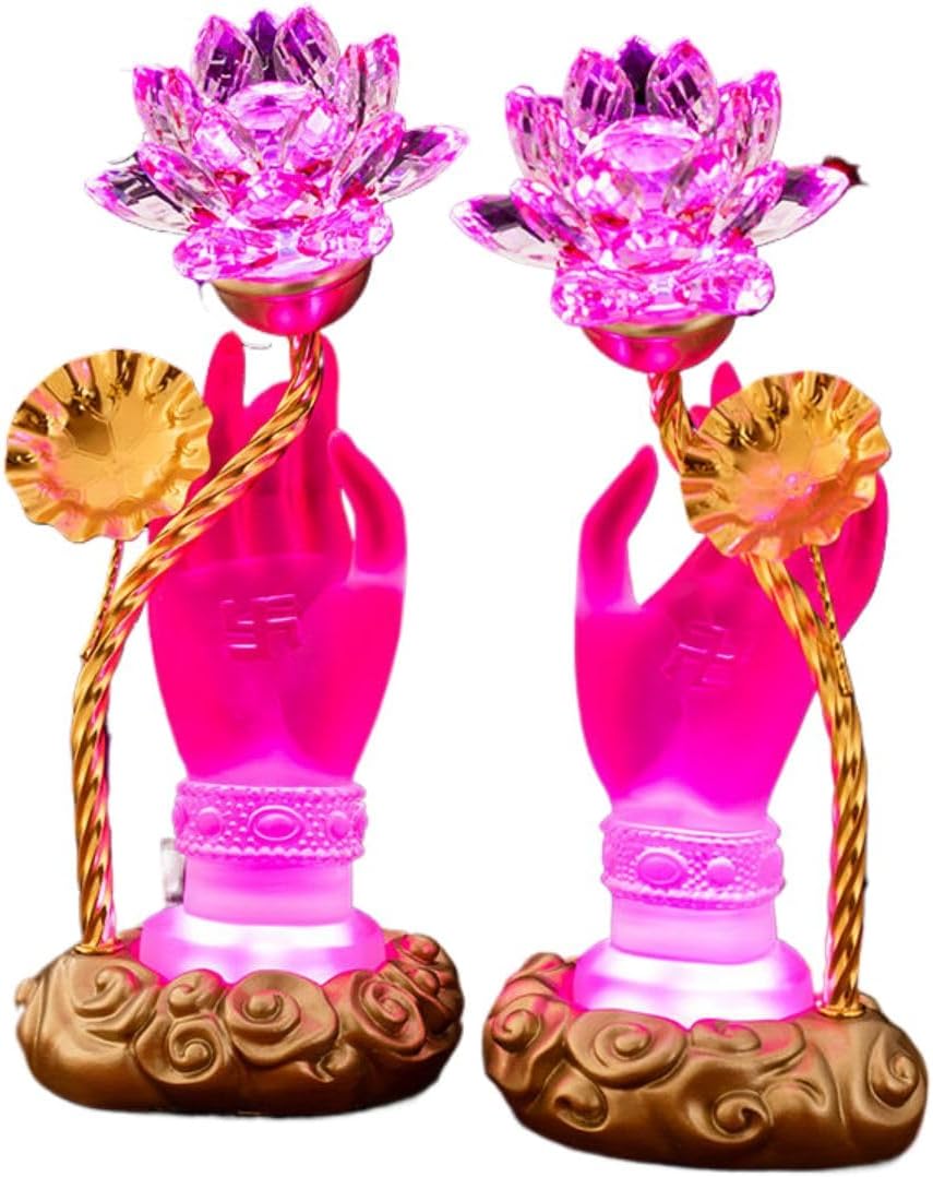 Ecqizer （ 粉色佛手 水晶粉花/七彩变光[左右手] 一对 ） Lamp in front of The Buddha, led ever-bright lamp, home plug-in, a pair of Guanyin Bodhisattva lotus lamps, safe Buddha hand lamp ornaments, 9113036660023