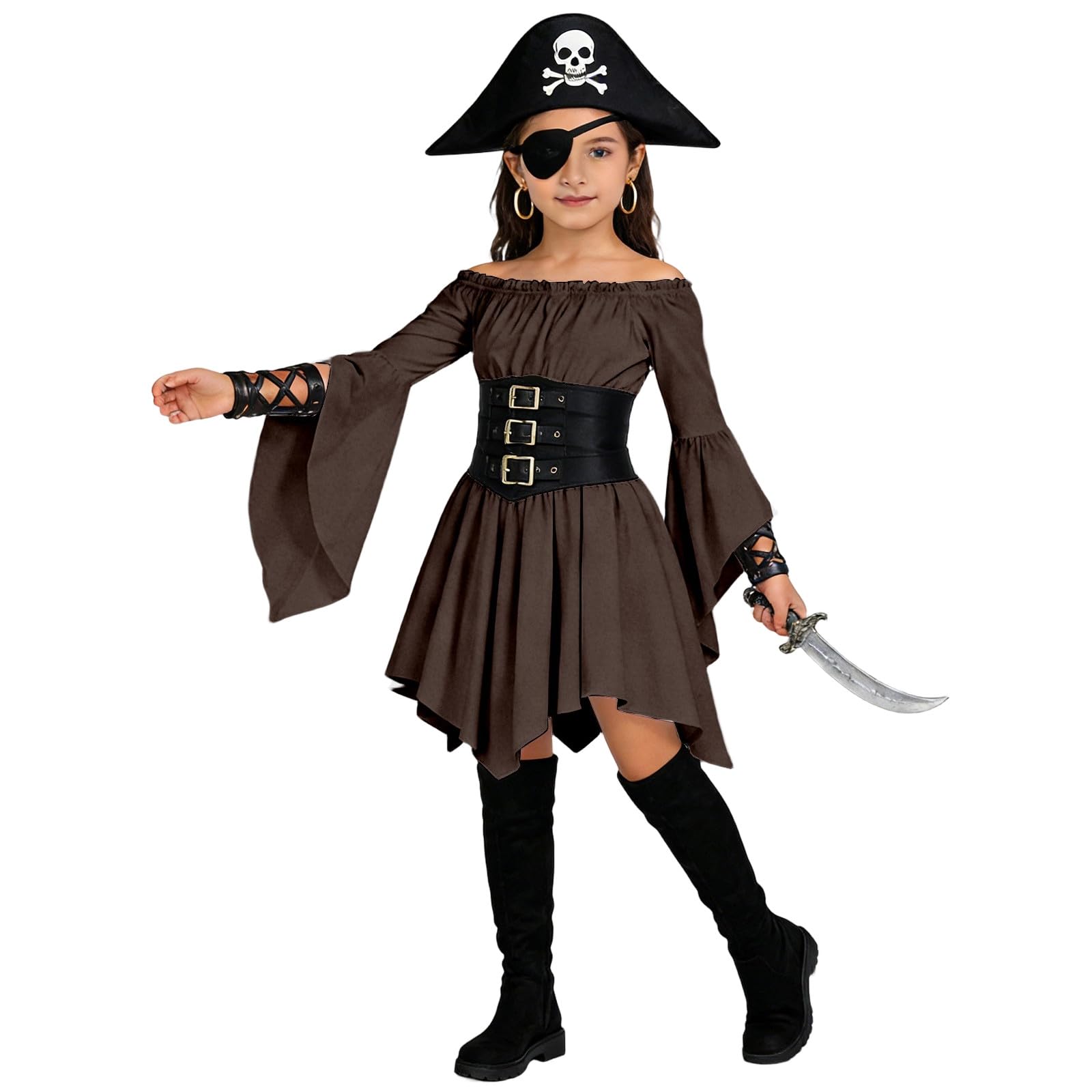 Girls Renaissance Tops Off Shoulder Long Puff Sleeve Elastic Waist Peplum Medieval Blouse Pirate Dress Ruffle Romper Smocked Jumpsuit Overall A-Line Mini Dresses