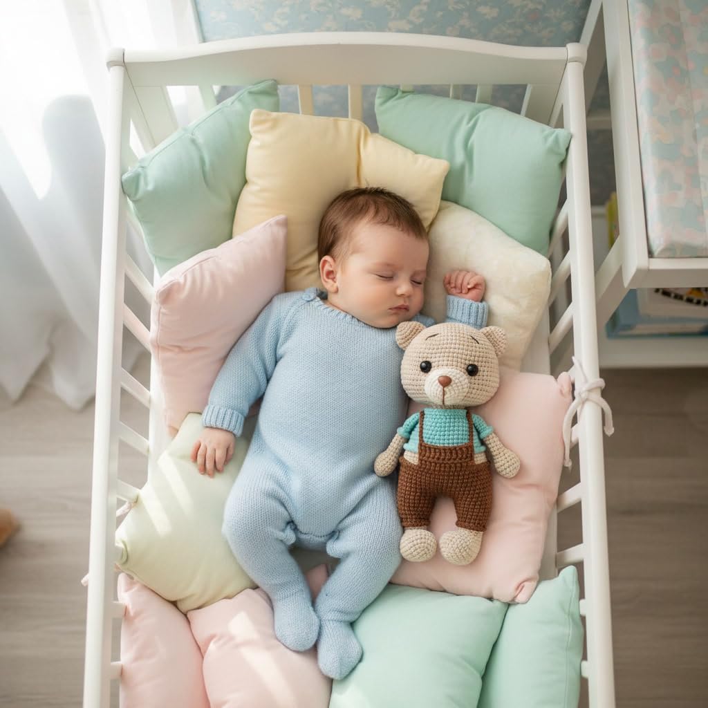 Handmade Knitted Teddy Bear Plush –Soft Cotton Stuffed Toy, Perfect, Cute Nursery Decor (9 Inches,Blue Clothes,1PC)