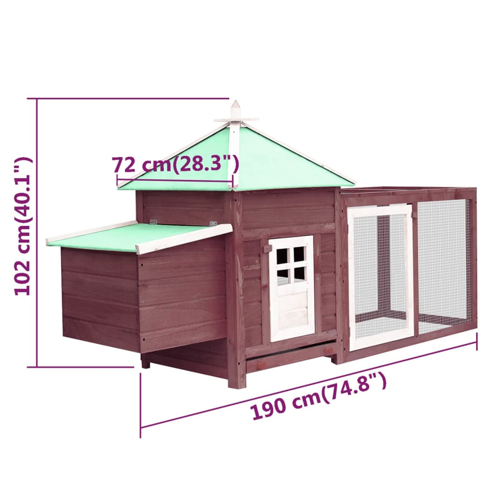 Homgoday Gallinero con caja nido moca de 190 x 72 x 102 cm, madera maciza de firma, gallinero y corral, jaula para gallinas, patos, conejos, perros, jaula de aves de corral