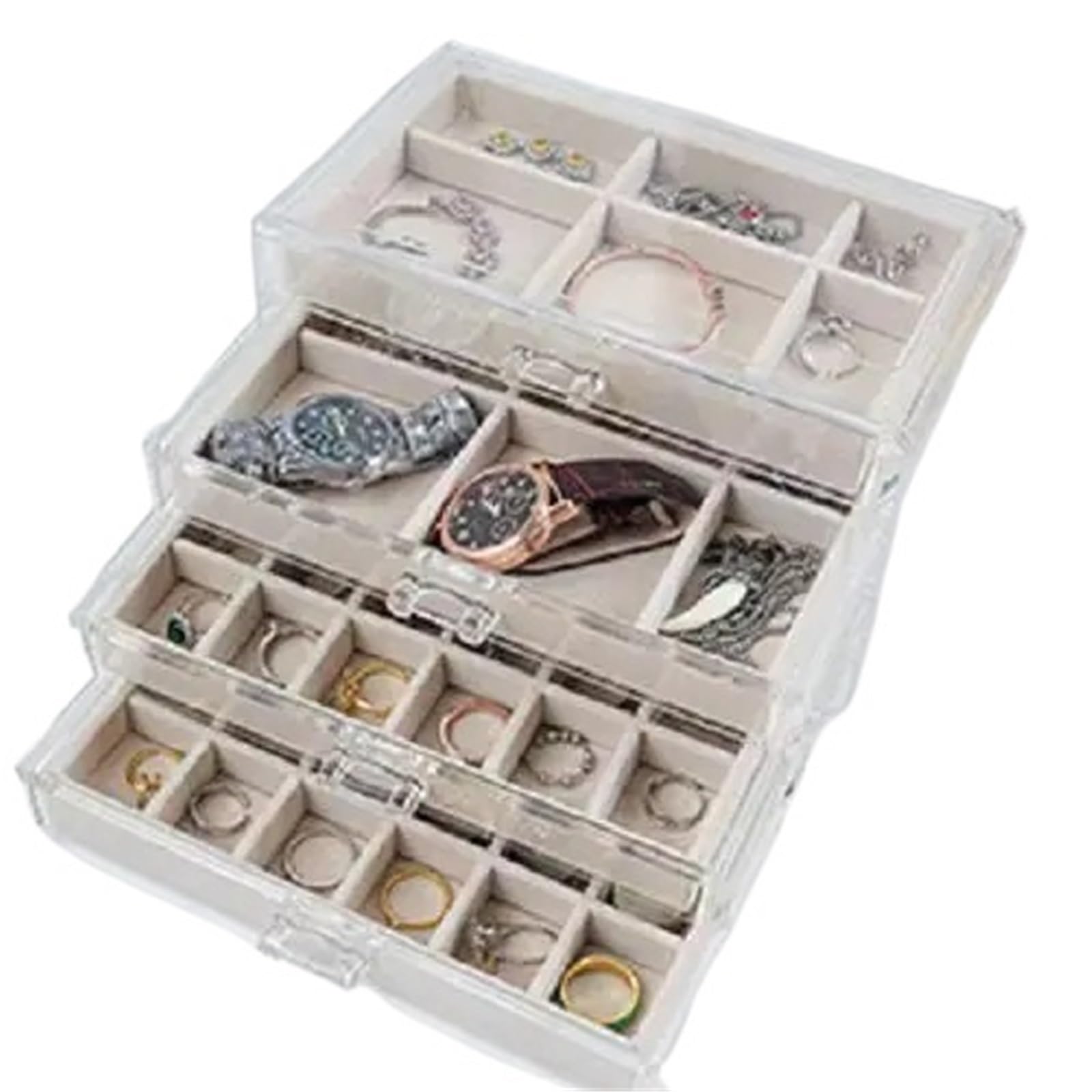 YUSUZH Jewelry Organizer Box Transparent Display Case 5 Layer Earrings Necklace Ring Plastic Organizing Boxes Velvet Tray Gifts for Rings, Earrings