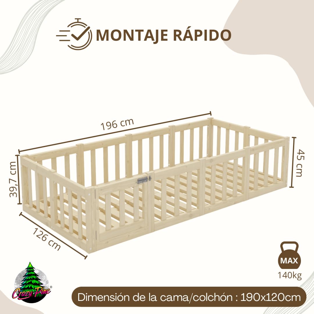 Cama Montessori 190x120 cm - Cama Infantil con Protección contra Caídas 40cm y Barrera Abrible - Camas Infantiles Superficie Lisa niños y niñas - Madera Natural