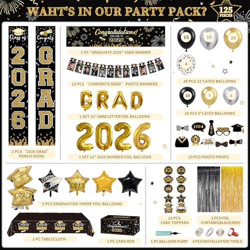 Image of Party Spot!125 PCS Black and Gold Graduation Party Decorations, 2026 Graduation Party Decorations, Class of 2026,Comgrats Grad Photo Banners, Tablecloth, Balloons, Cake Toppers