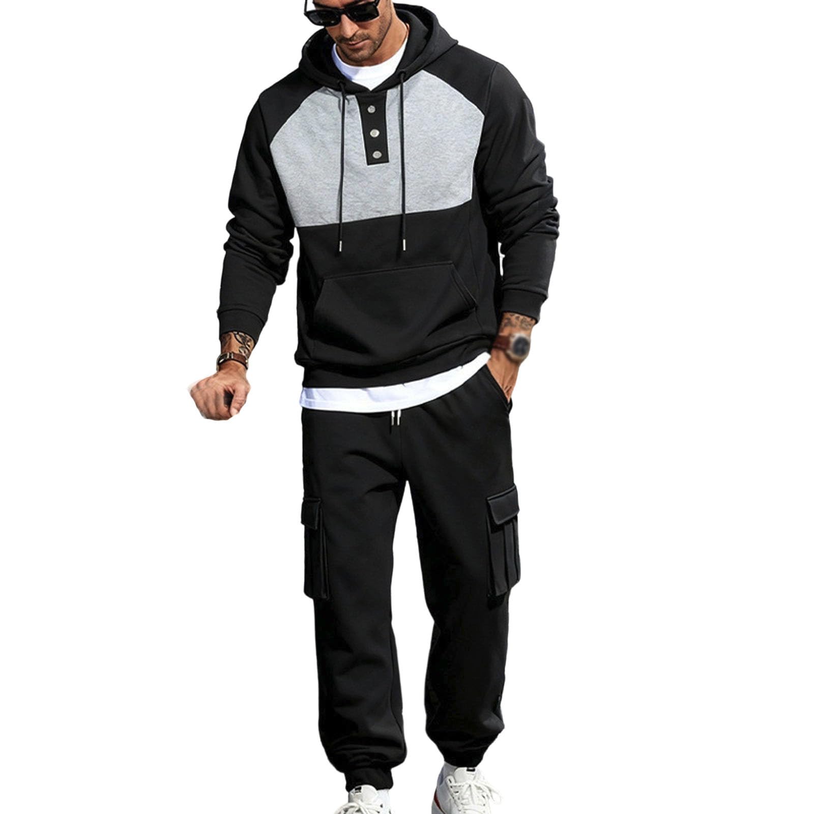 Herren-Sweatanzug, schweres Fleece, Kapuzen-Sweatshirt mit gestickten Details und lässiger Jogginghose, bequeme Arbeitskleidung, Outdoor-Kleidung, Streetwear, tägliches Joggen