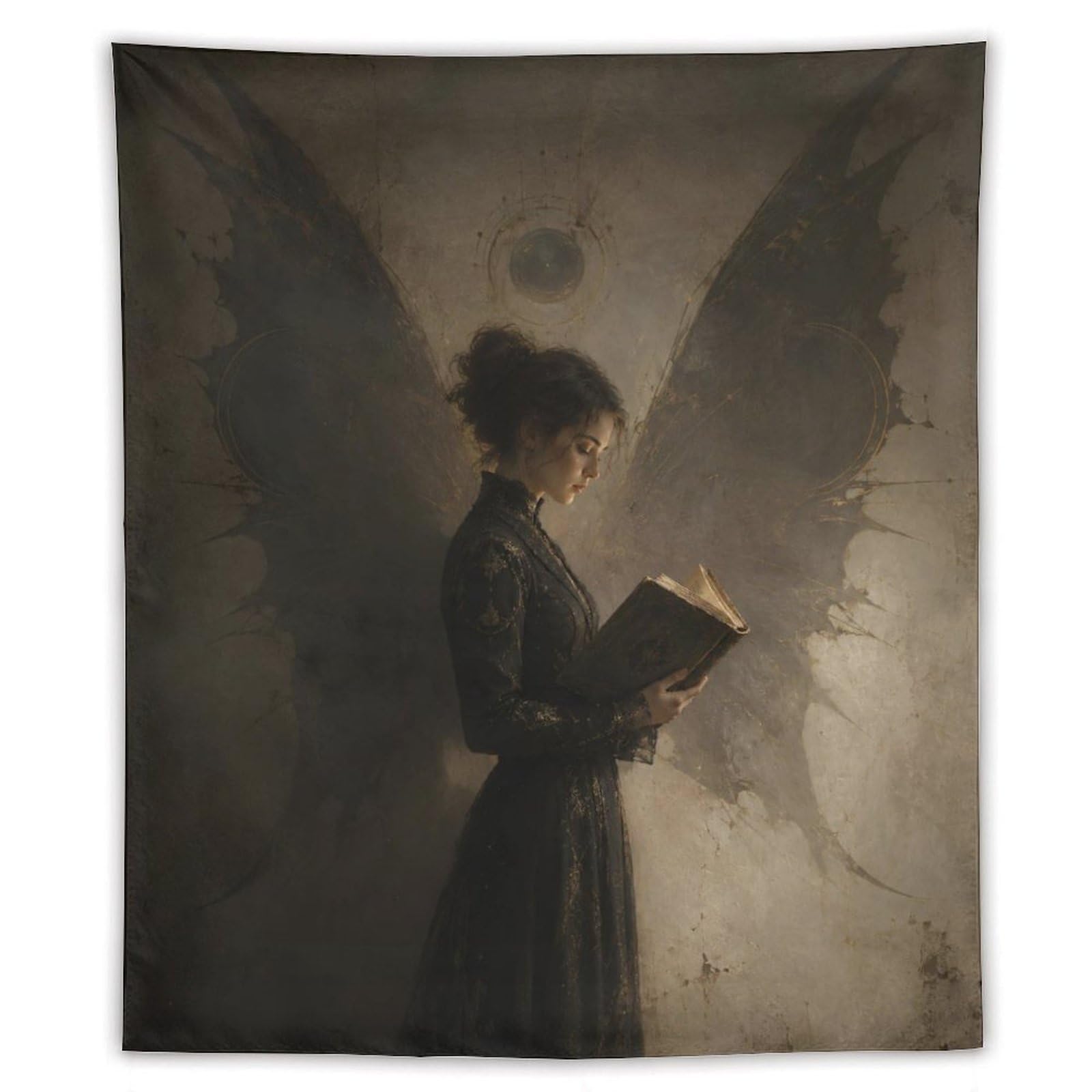 H3B8U2Y5 Woman Reading Wing Shadow Wall Tapestry, Gothic Room Light