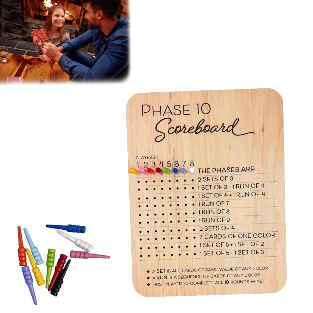 Ebrima Phase 10 Score Board, Wooden Scoreboard and Round Tracker Wooden Phase 10 Score Board Game Fun Card Game Score Boards Accessories Scoreboards for Party Family Game Night (1Pcs,28 * 20.5 * 1CM)