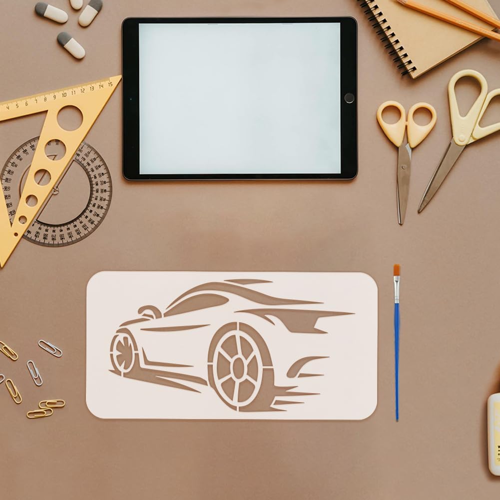 FINGERINSPIRE 6 Styles Fast Sports Car Stencils with a Brush 11.8x5.9Inch Racing Car Pattern Painting Stencils Speeding Car Drawing Template PET Transportation Theme Template for Wall Decoration