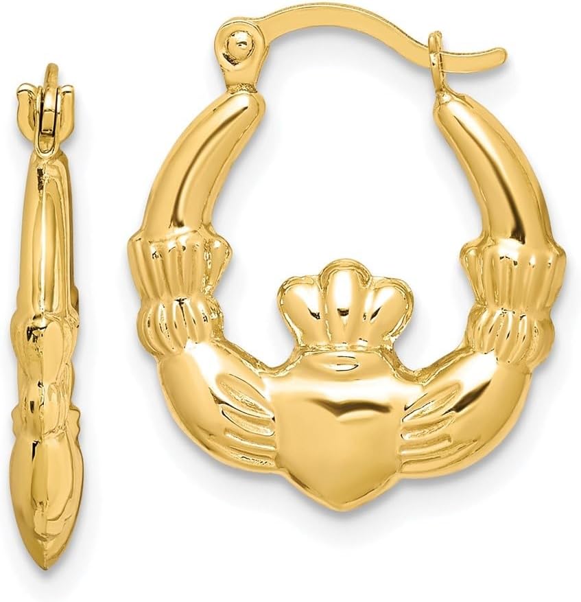 Diamond2Deal 10K Yellow Gold Two Hands Holding Heart Claddagh Hollow Hoop Earrings (L-18 mm W-16 mm)