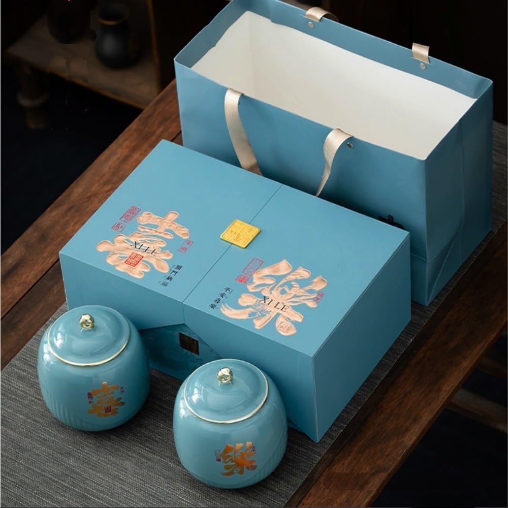 Tarros de Té Recipiente de cerámica for almacenar té suelto, tarro sellado for el hogar, juego de té retro, caja de regalo con tarro doble Recipientes para Guardar Té con Tapas(B,M)