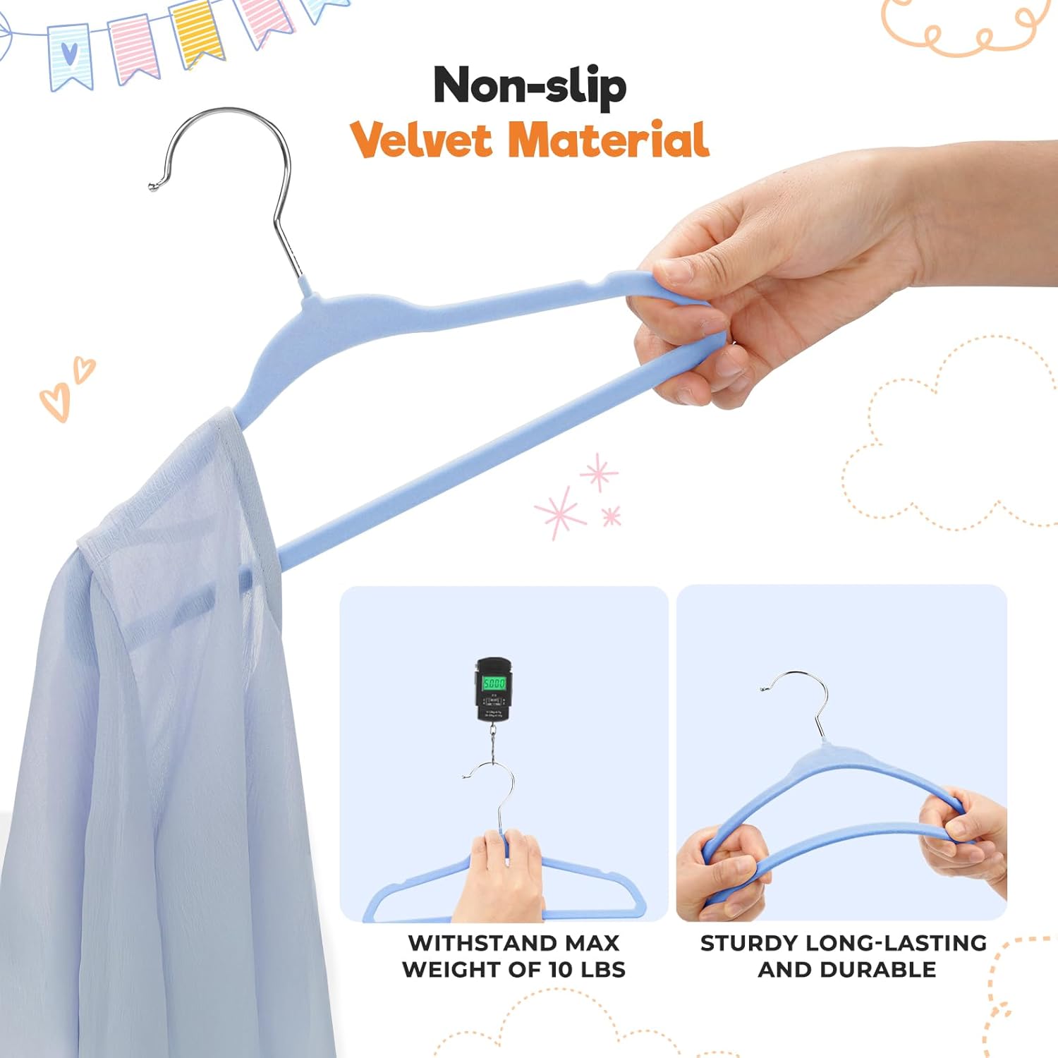 Velvet Baby Hangers with Clips (30 Pack) | 11” Ultra-Slim Baby Clothes Hangers | Non-Slip Felt | Space-Saving Nursery & Infant Closet Organizer | Blue - Image 4