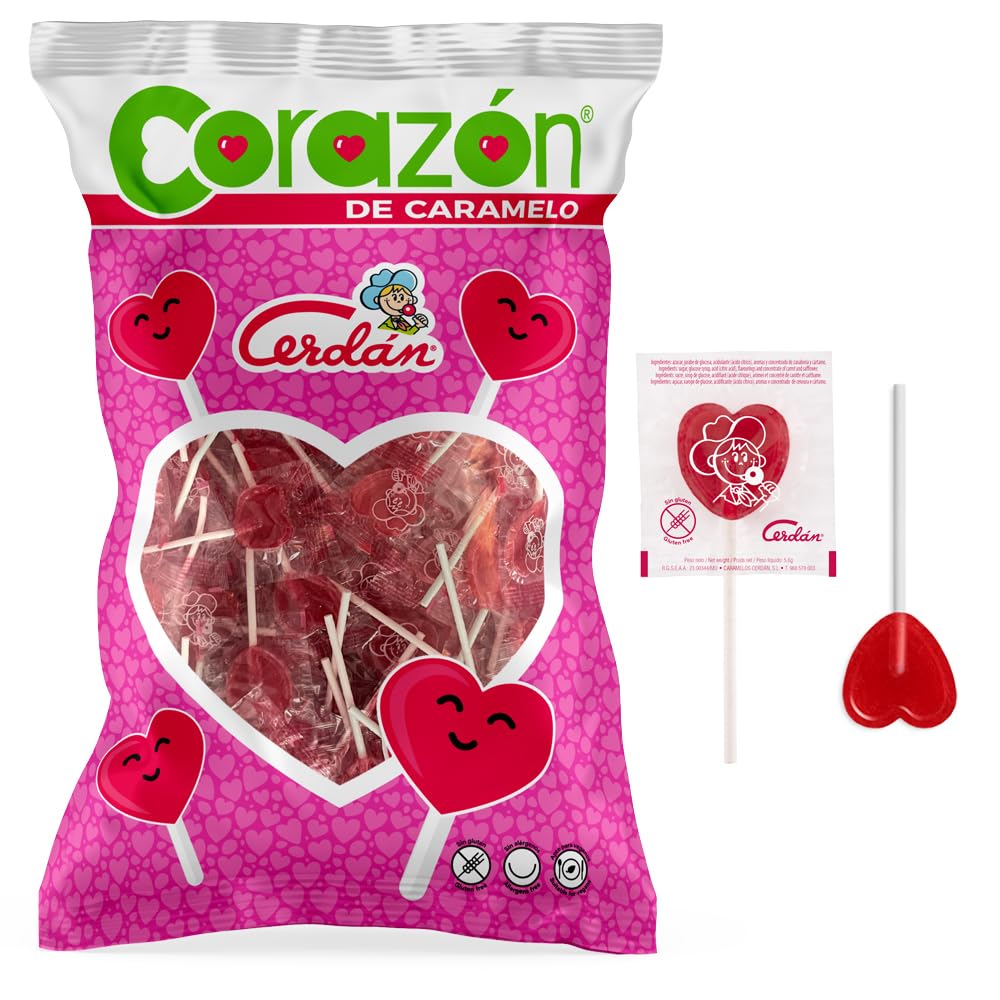 Caramelos Cerdán Piruletas Mini Corazón Sabor Cereza Bolsa 150 Unidades Caramelo Duro sin Gluten