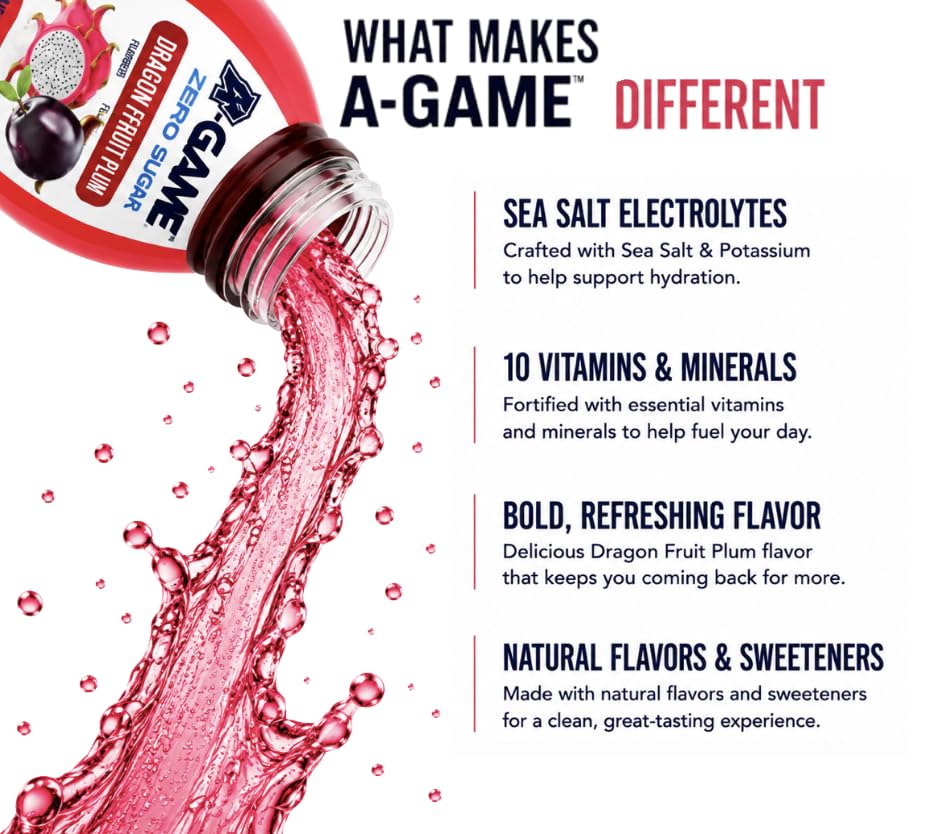 Image of A-GAME Zero Sugar Electrolyte Drink, Dragon Fruit Plum Flavor, 12 Pack