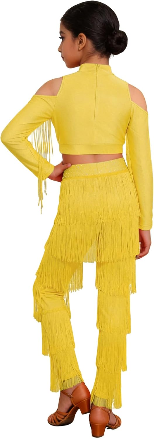YiZYiF Girl's Tassel Camisole Fringe Pants Modern Salsa Latin Ballroom Dance Outfits Performance Dancewear 2 Piece Set
