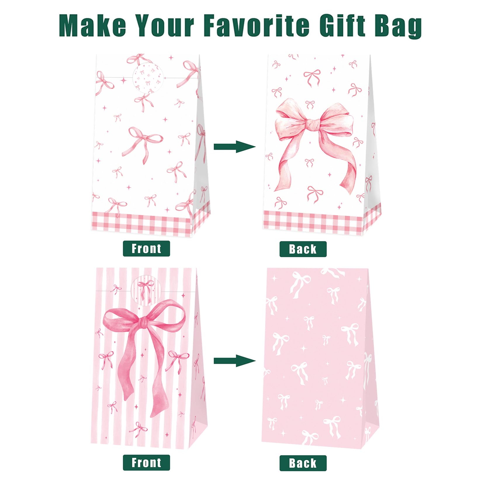 24 Pcs Pink Bow Party Paper Gifts Bags Girl Bow Birthday Party Treat Bags, Coquette Birthday Goodie Candy Bags for Bow Bridal Hot Pink Bachelorette Party Supplies(24-Bow-Bags)
