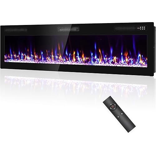 2025Upgraded 72” Recessed and Wall Mounted Electric Fireplace, Ultra Thin Narrow Beleze Fire Places with Remote Control, Screen Control,Adjustable Flame Colors and Speed