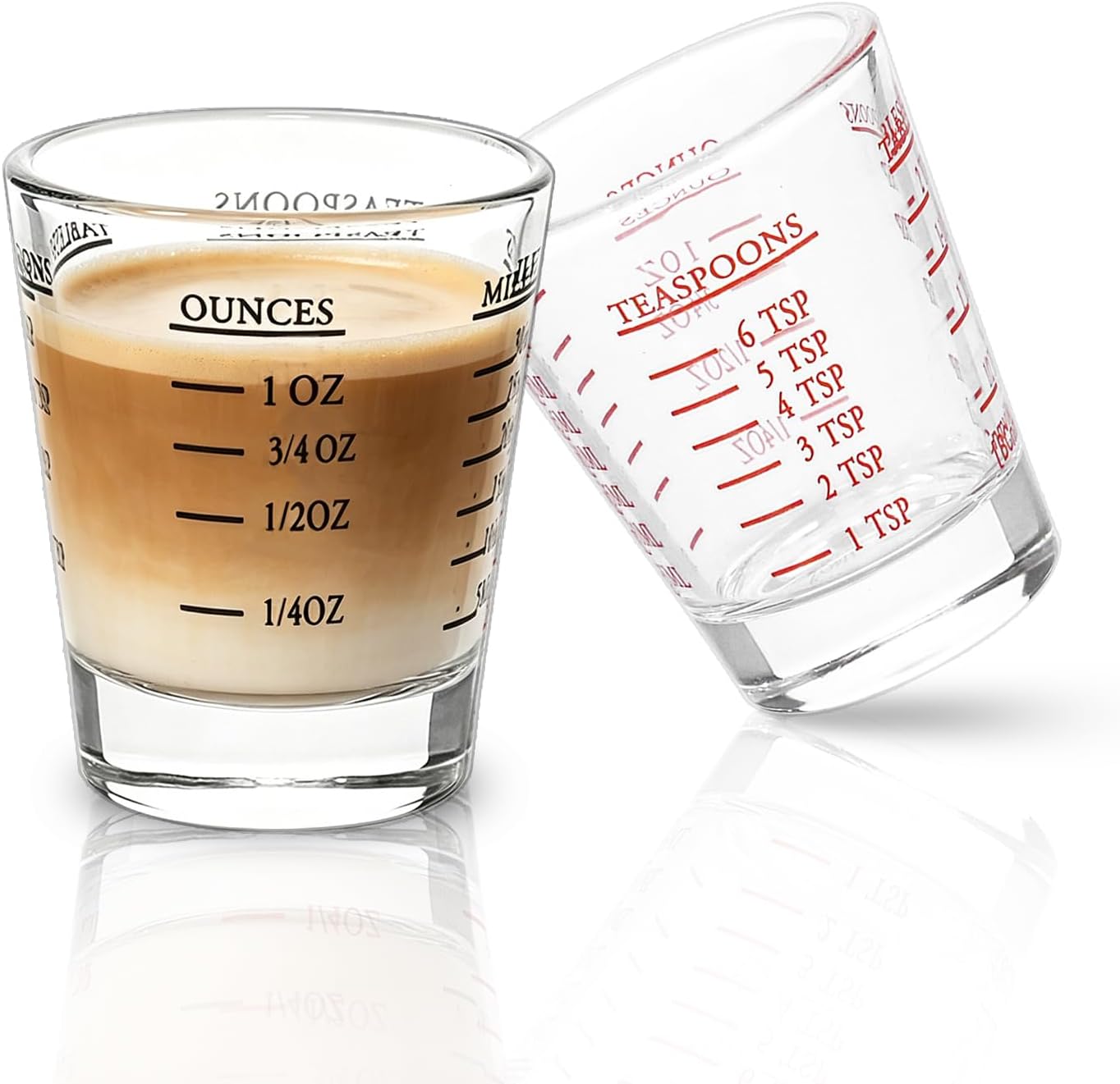 BCnmviku Shot Glasses Measuring cup Espresso Shot Glass Liquid Heavy Glass Wine Glass 2 Pack 26-Incremental Measurement 1oz, 6 Tsp, 2 Tbs, 30ml (Black and Red)