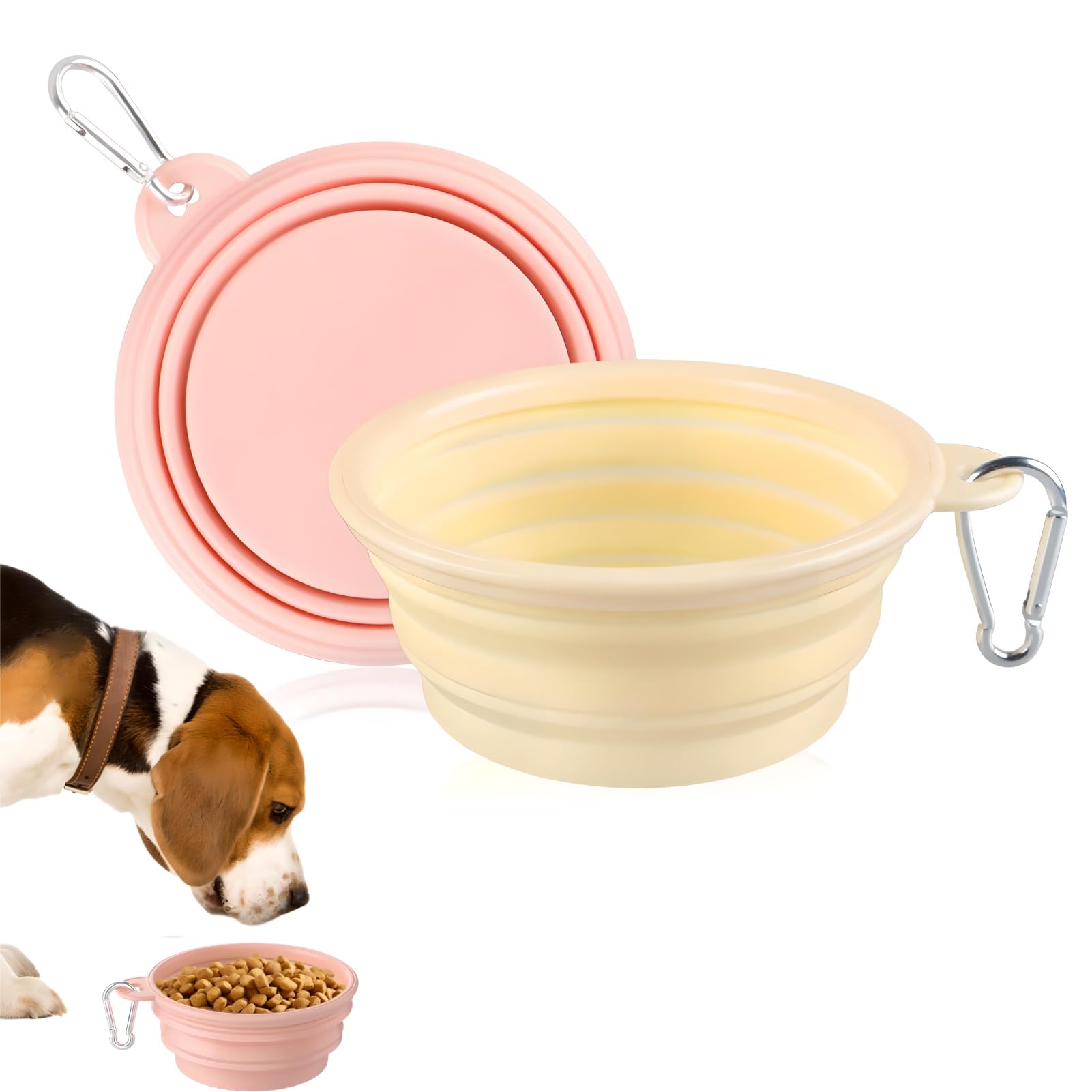 【お出かけの必需品】ペットボウル 折り畳み ペットボウル 2個セット [カラビナ付き] 犬 猫 水飲み 皿 携帯用 シリコン製 フードボウル 軽量 コンパクト 散歩 旅行 アウトドアに最適 (ピンク+イエロー)
