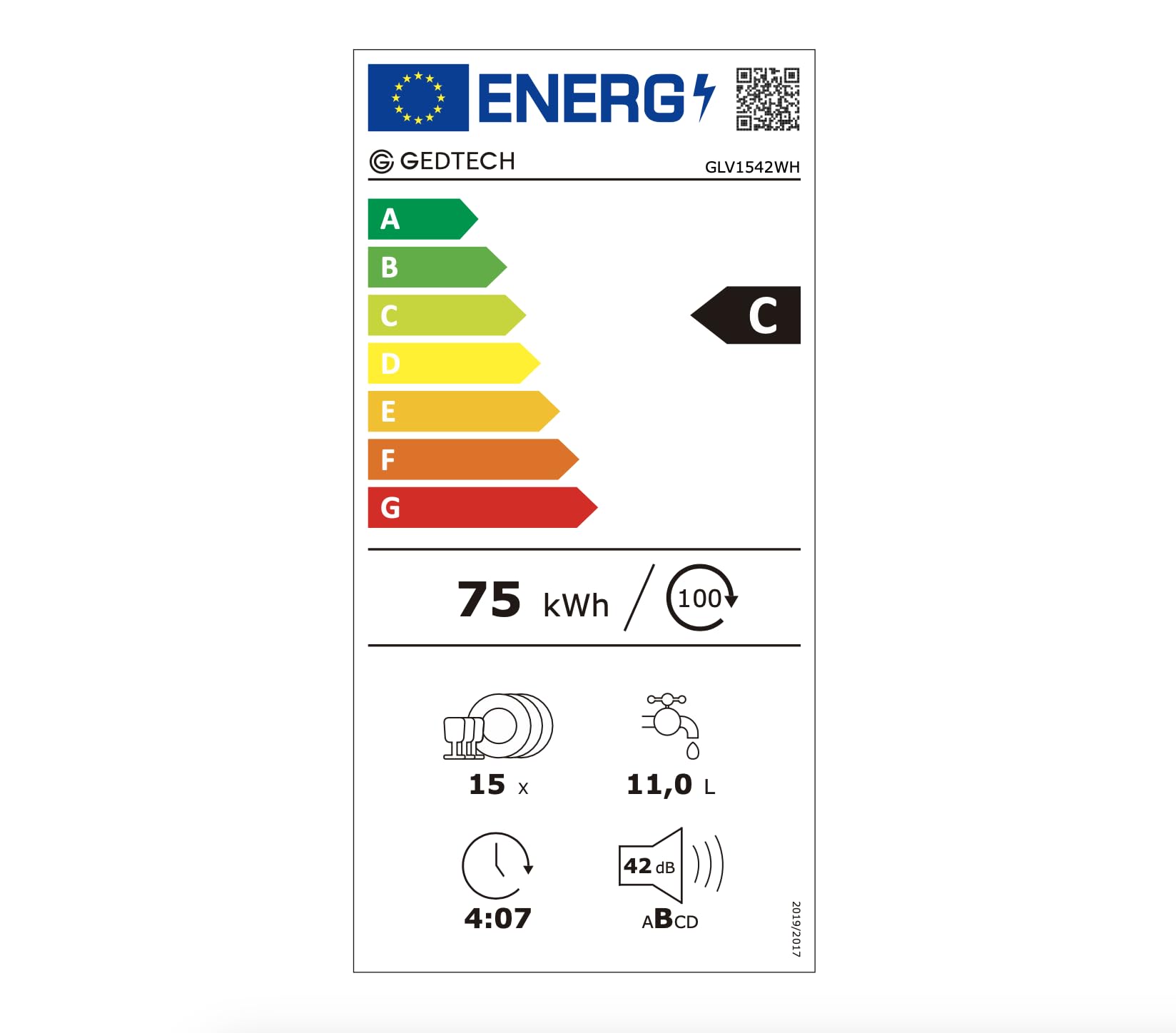 GEDTECH Lave-vaisselle GLV1542WH 15cv 42 dB Ultra silencieux Classe C Blanc