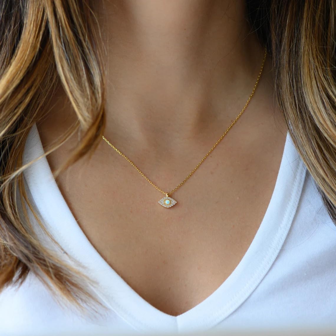 Gold Evil Eye Necklace,14K Gold Plated Dainty Solitaire Minimalist Diamond Evil Eye Simple Necklace For Women Gold Jewelry Gifts - Image 5