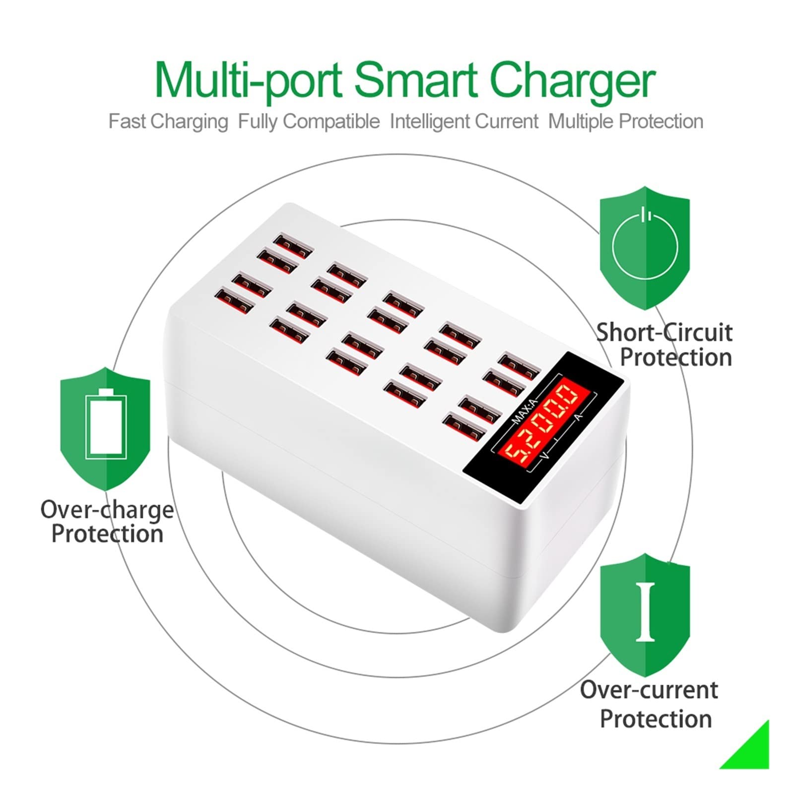 Ładowarka USB Stacja ładująca USB, stacja ładująca do wielu urządzeń Szybkie ładowanie z ekranem LCD Cyfrowy wyświetlacz do tabletów telefonicznych Smartfonów Przenośna konstrukcja(820)