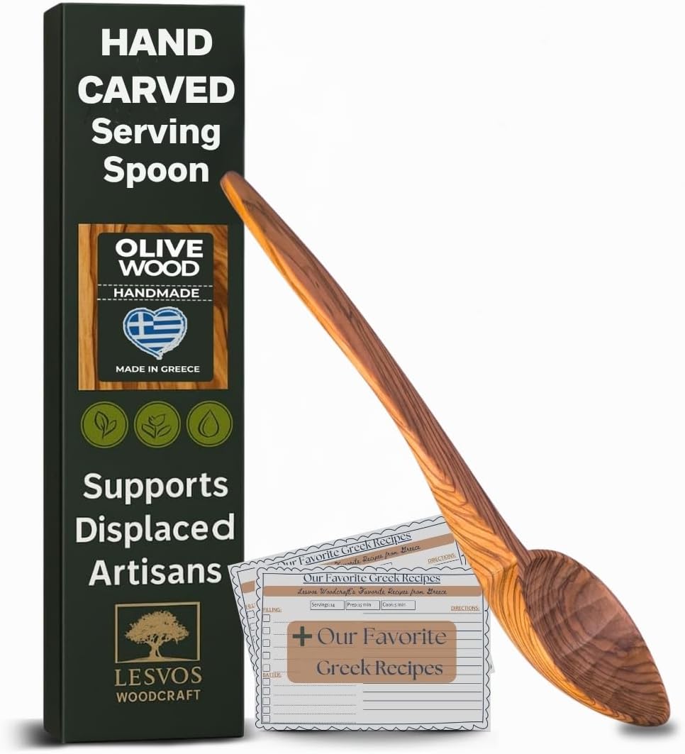 LESVOS WOODCRAFT - Olive Wood Serving Spoon - 10'' Deep Bowl, Artisan Utensil, Fair-Trade, Handcrafted Serving Utensil