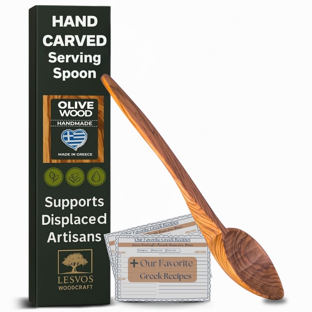 Olive Wood Serving Spoon – 10” Artisan Utensil, Fair-Trade, Handcrafted Serving Utensils, Olive Wood Utensils, Wooden Cooking Spoon – LESVOS WOODCRAFT