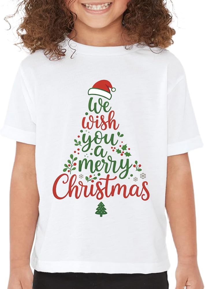Kids We Wish You a Merry Christmas Shirt, Soft Crewneck Xmas Graphic Tee for Boys Girls Short Sleeve Outfit 4-13