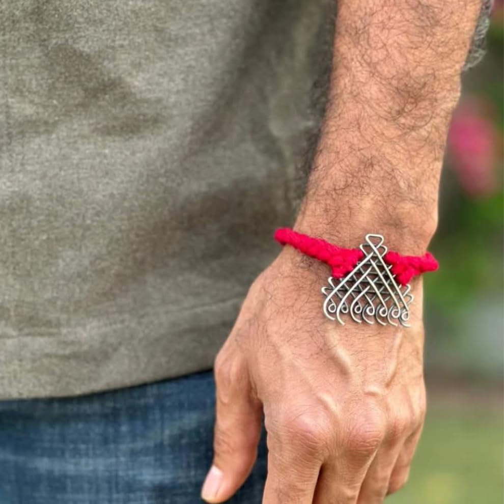 Image of Dulcett India | Saraswati Yantra Bracelet for Men with Red Thread (Big Motif) | Silver Plated Brass| Traditional Ethnic Jewelry for Men & Women |Unisex Rakhi