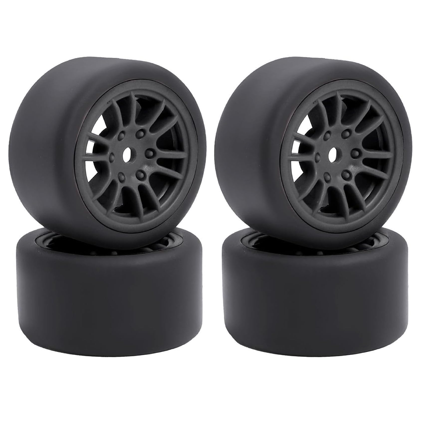KINGCOO 4PCS Pre-Mounted On-Road Drift Racing Smooth Rubber Tires and Wheel Rims Set 7MM Hex for 1/28 Losi Micro-T WL244016 RC Car Upgrades Parts (12Spoke-Black)