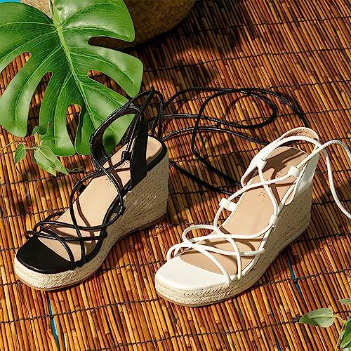 Allegra K Women's Platform Square Toe Lace Up Espadrilles Heels Black Wedge Sandals 7.5 M US