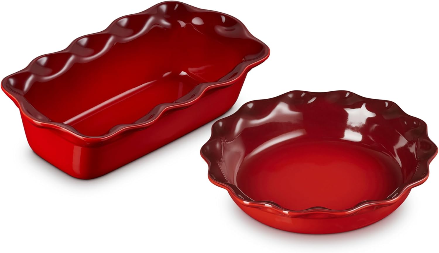 Le Creuset Cerise Stoneware 9" Heritage Fluted Pie Dish & Fluted Loaf Pan Set of 2 - Superior Heat Distribution