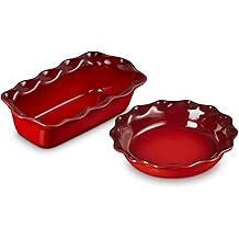 Le Creuset Stoneware Set of 2 9" Heritage Fluted Pie and 9" Fluted Loaf Dish, Cerise