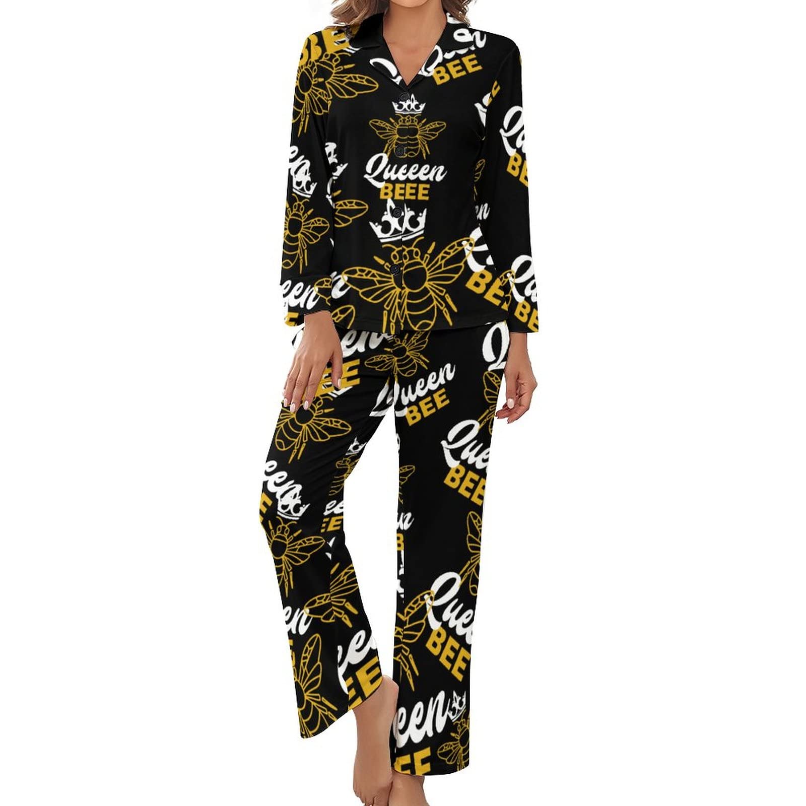 Women's Black Queen Bee Pajamas Set Long Sleeve Pj Set Button Down Sleepwear Pajamas Loungewear S