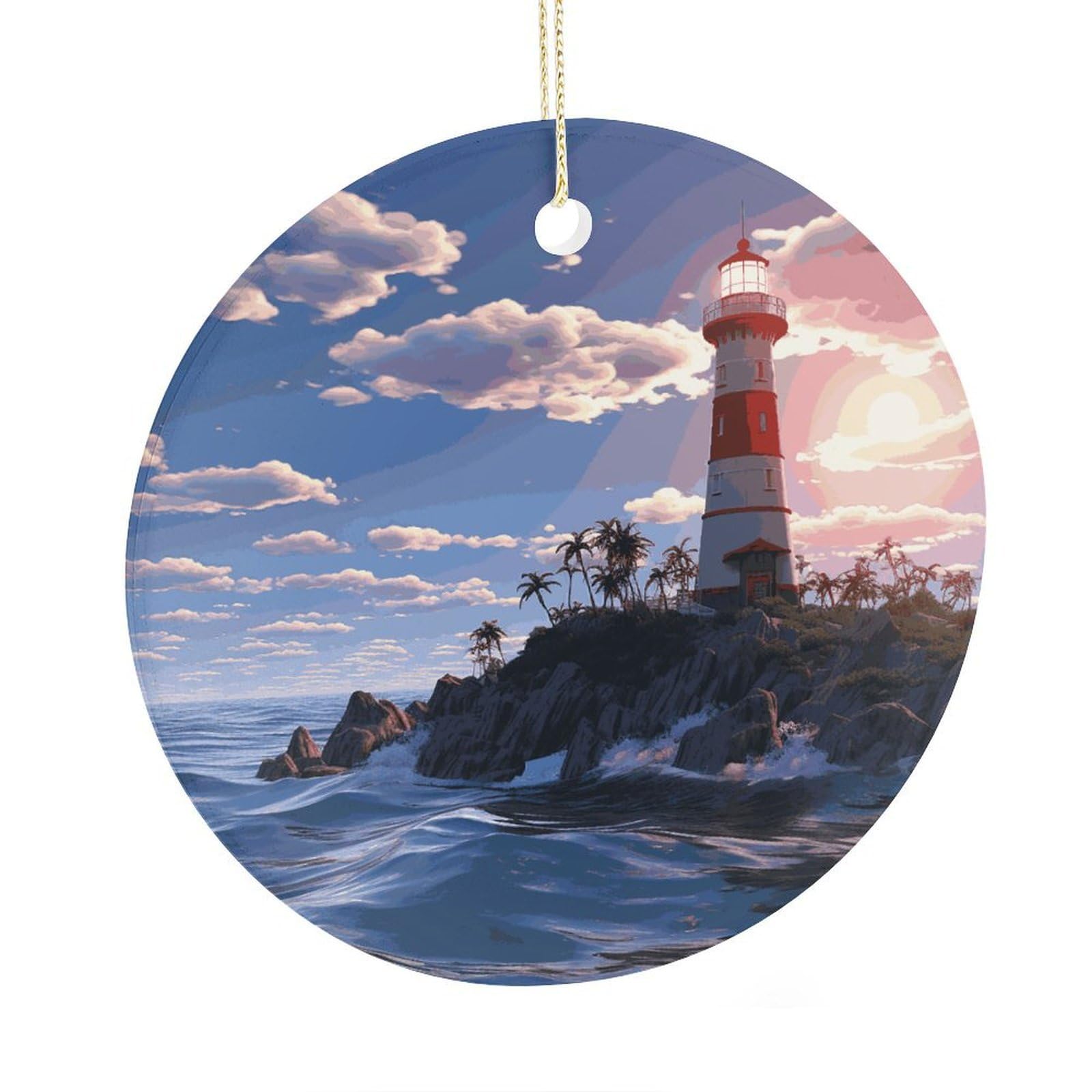 Fekiloot Style Navigation Lighthouse Christmas Ornaments 2.9 Inch Round Ceramic Ornament Keepsake Thank You Gifts For Office, Room, Home - Holiday Present Ideas
