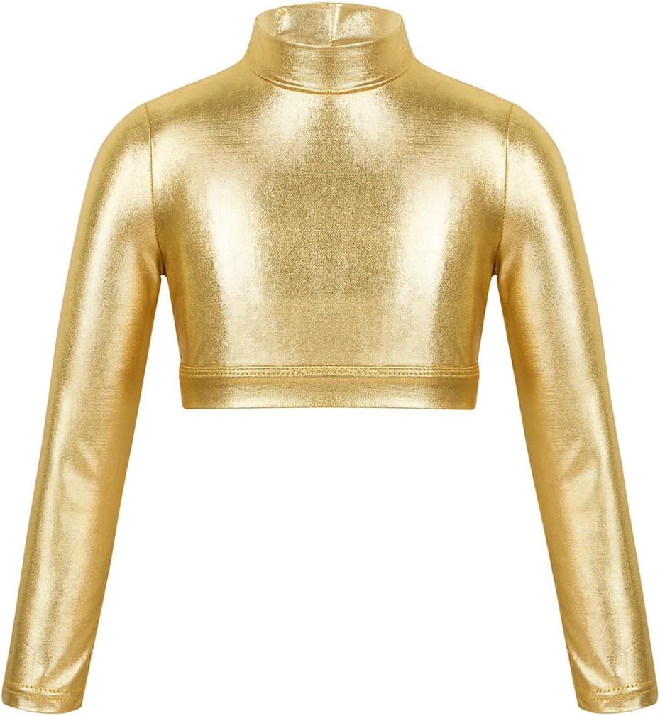 FEESHOWYouth Girls Long Sleeve Turtle-Mock Neck Sports Dance Crop Top T-Shirt Gym Yoga Leotard Dancewear