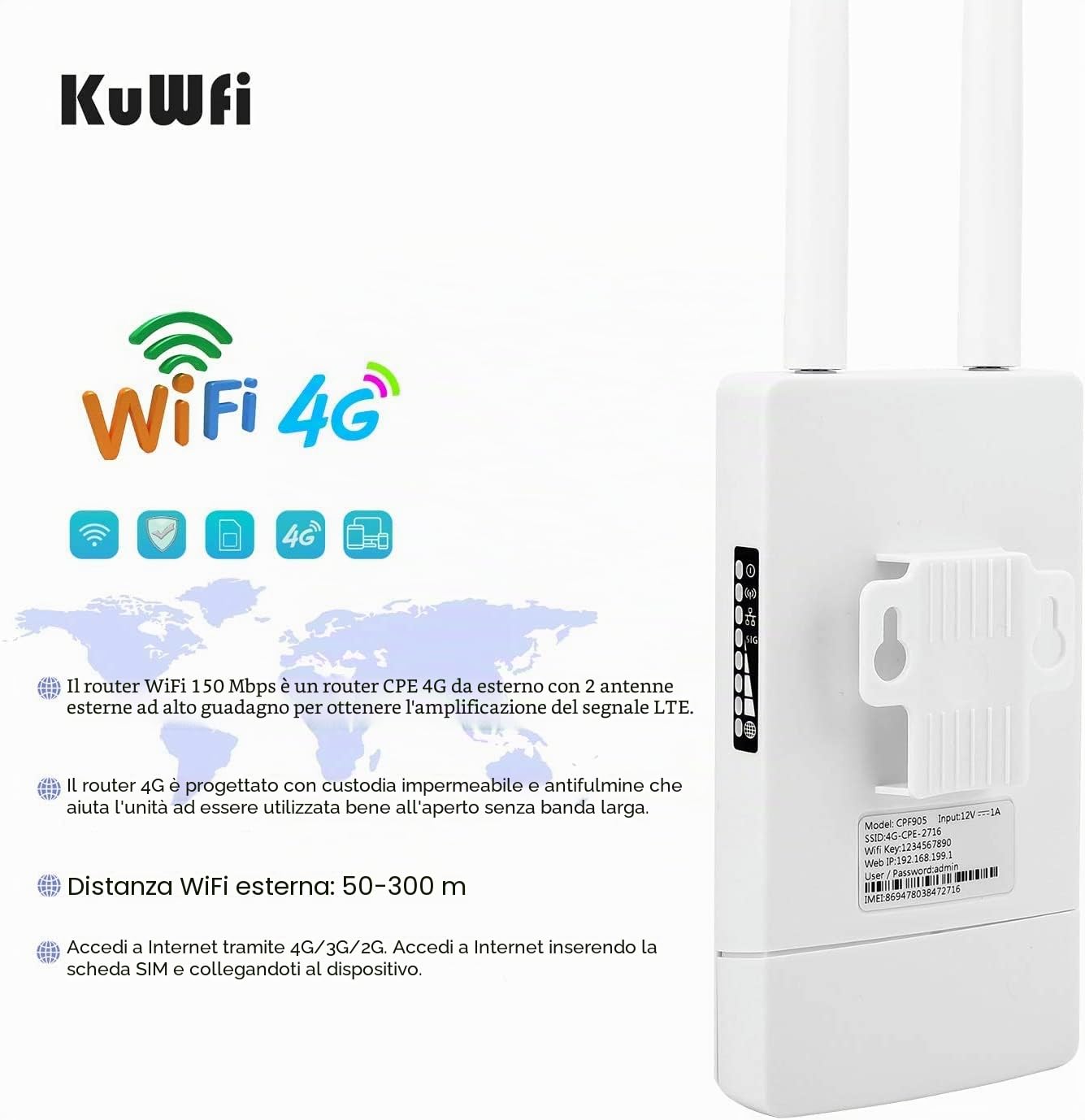 Router 4G LTE, KuWFi 150Mbps 3G 4G LTE Router CAT4 con Slot per schede SIM Funziona con Telecamera IP o Copertura WiFi Esterna con Antenna 2pcs Funziona con 3 (Tre) / Tim/Wind/Vodafone SIM Card