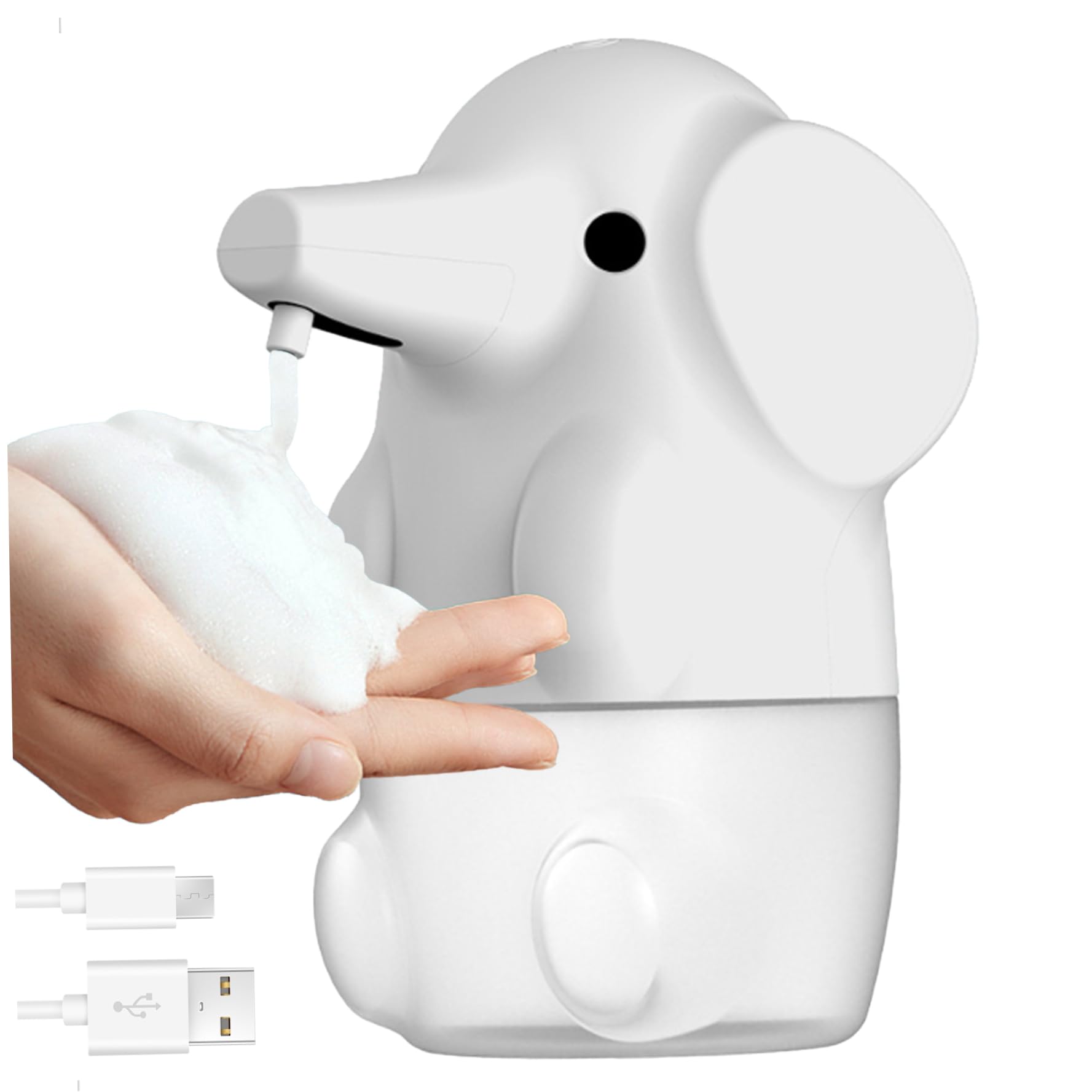 Dispensador automático de jabón con forma de elefante, dispensador de jabón espumoso, 250 ml, 2 modos, recargable por USB, lindo animal, mano sin contacto, para baño de niños, blanco, espuma