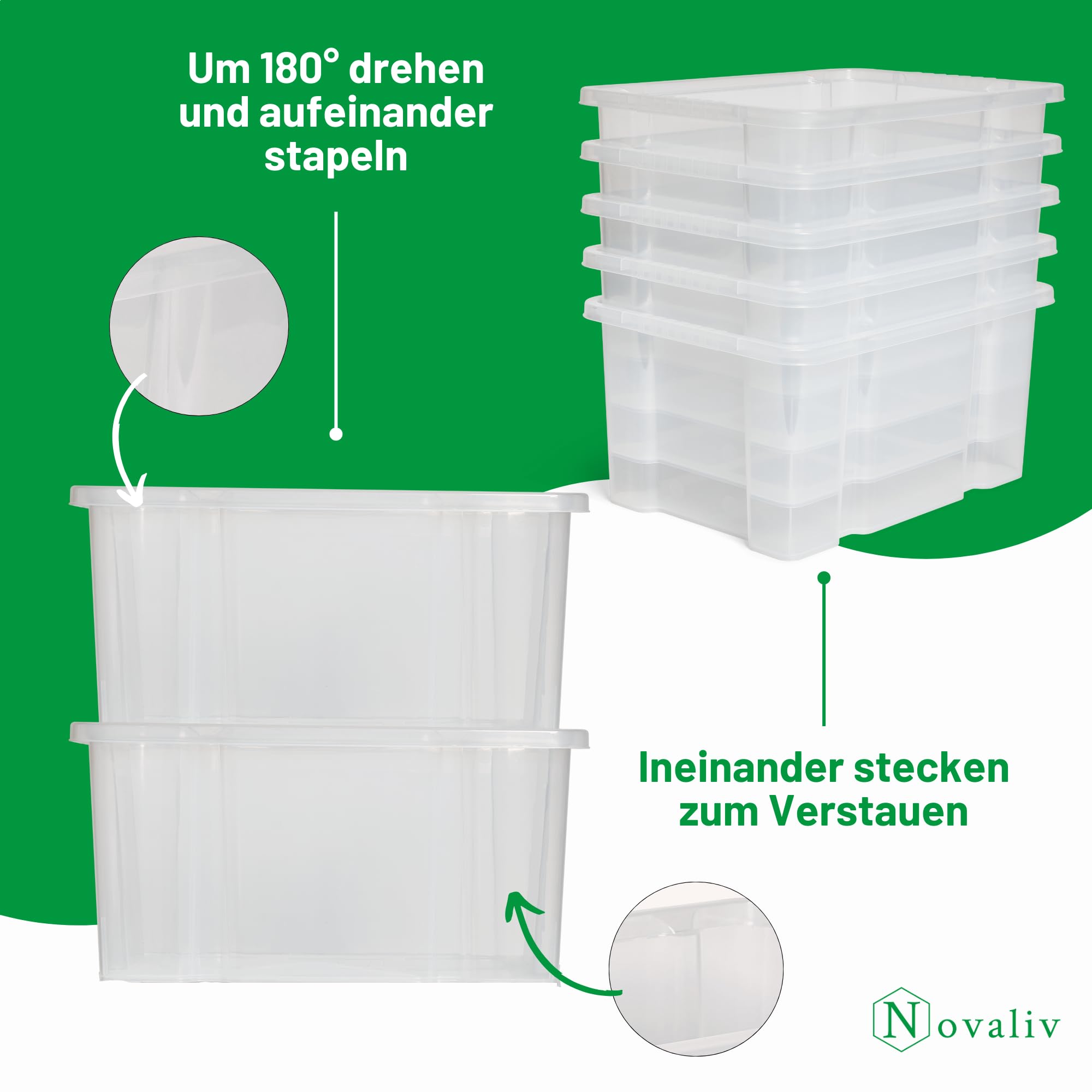 Novaliv 12x Aufbewahrungsboxen ohne Deckel 15L transparente Nestbar stapelbare Storage boxes Kunststoffbox BPA-frei 39x28,5x19,5 cm