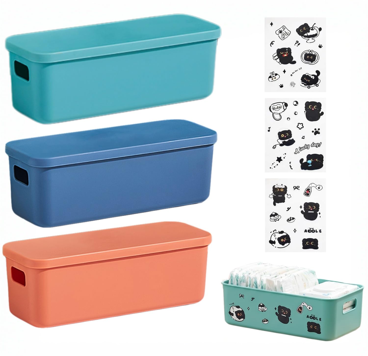 SMYJDMM Plastic Storage Box with Lid, 3 Pcs Stackable Box, 11.02 x 3.94 x 3.62 inches Small Storage Boxes with 3 Cat Stickers for Kitchen Office Bathroom (Green & Blue & Orange)