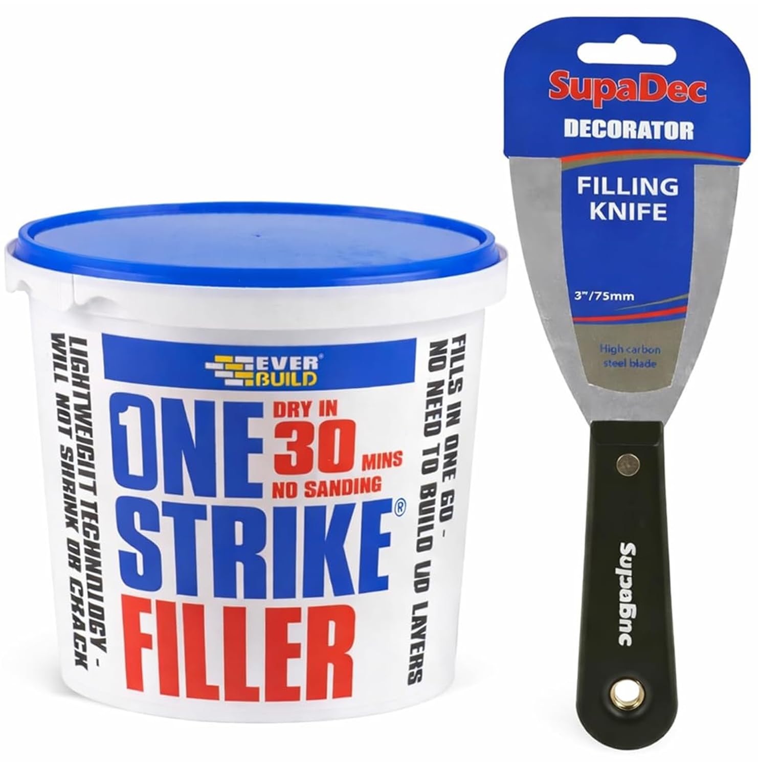 One Strike Lightweight Filler 1L with 3″ Flexible Decorating Filling Knife | Easy Sand, Smooth Finish | Crack & Hole Repair for Walls & Ceilings