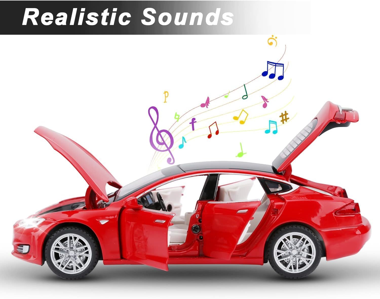 Funablo 1:32 Tesla Model Diecast Metal Pullback Toy Car With Openable Doors & Light, Music Boys Car For Kids Best Toys Gifts Toys For Kids (Rendom Color) - Red 1