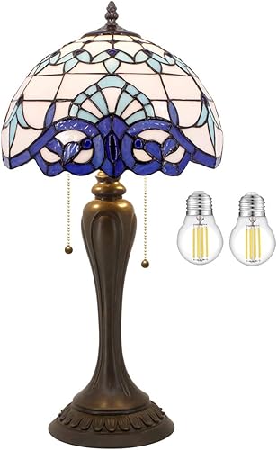 WERFACTORY Lámpara Tiffany blanca azul marino barroco de vidrieras de noche lámpara de mesa de lectura de escritorio 12 x 12 x 22 pulgadas