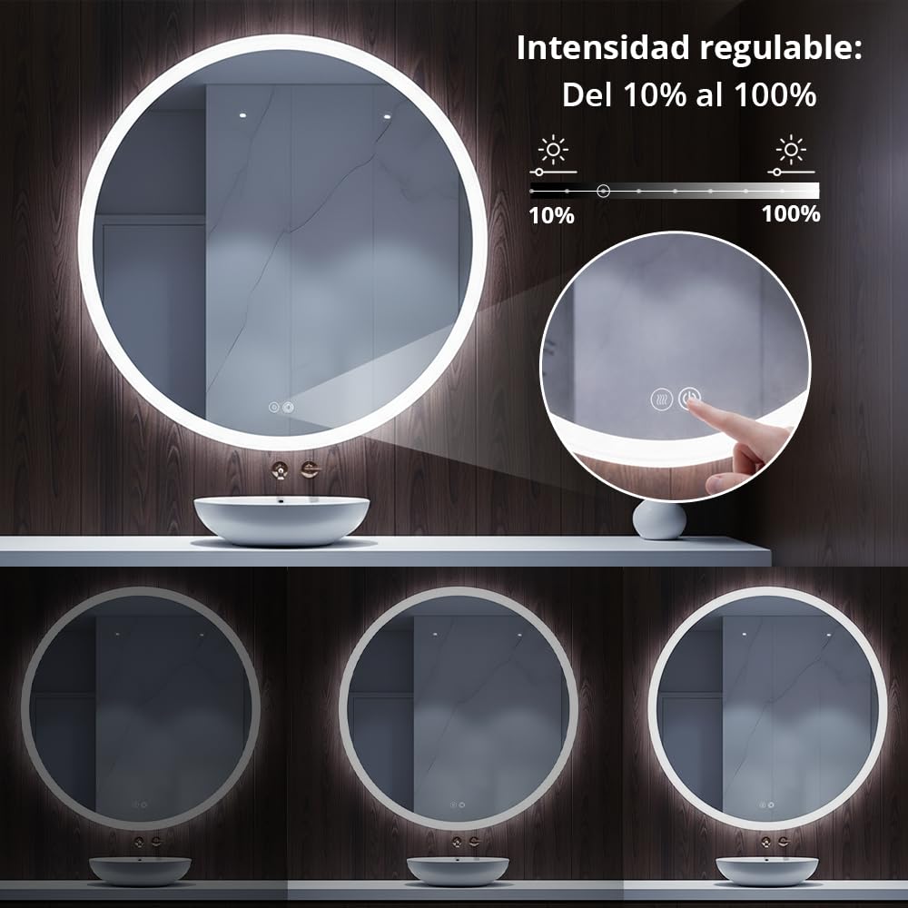 Marcanti Espejo Baño con Luz LED Regulable 80 cm Antivaho Interruptor Táctil Brillo Ajustable Memoria