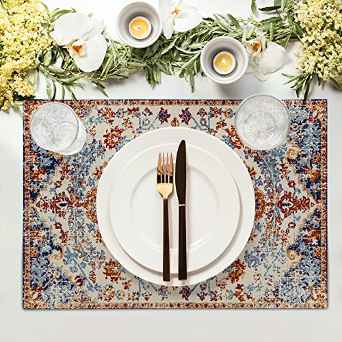 Image of Ethnic Boho Placemats Set of 6 Bohemian Carpet Vintage Orange Grey Floral Linen Washable Kitchen Dining Table Mats Stain Heat-Resistant Desktop Decor Place Mats for Home Party Indoor 12x18 in
