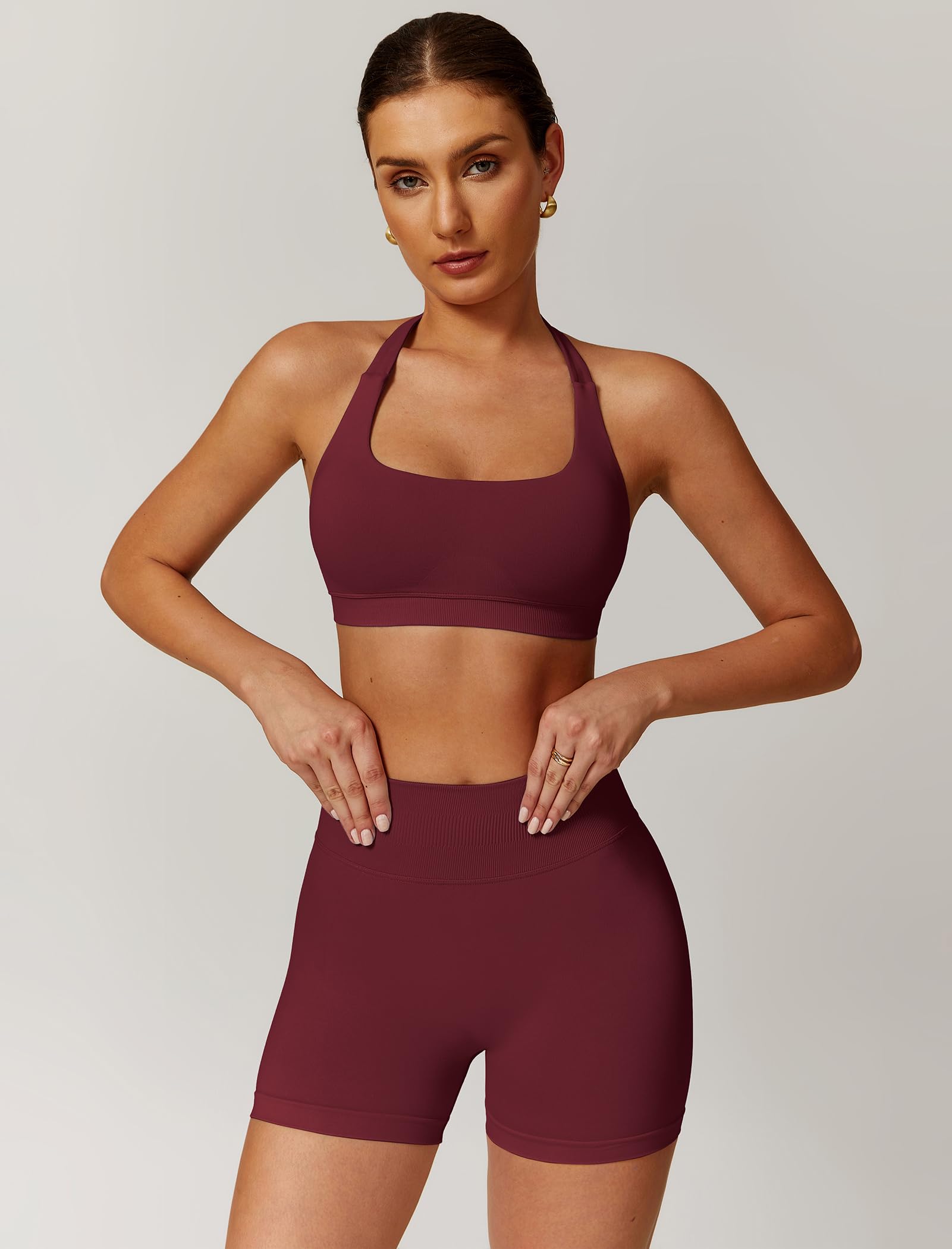 Odizli Damen Neckholder Sport BH + High Waist Shorts Zweiteiler Gym Workout Yoga Fitness Sportkleidung