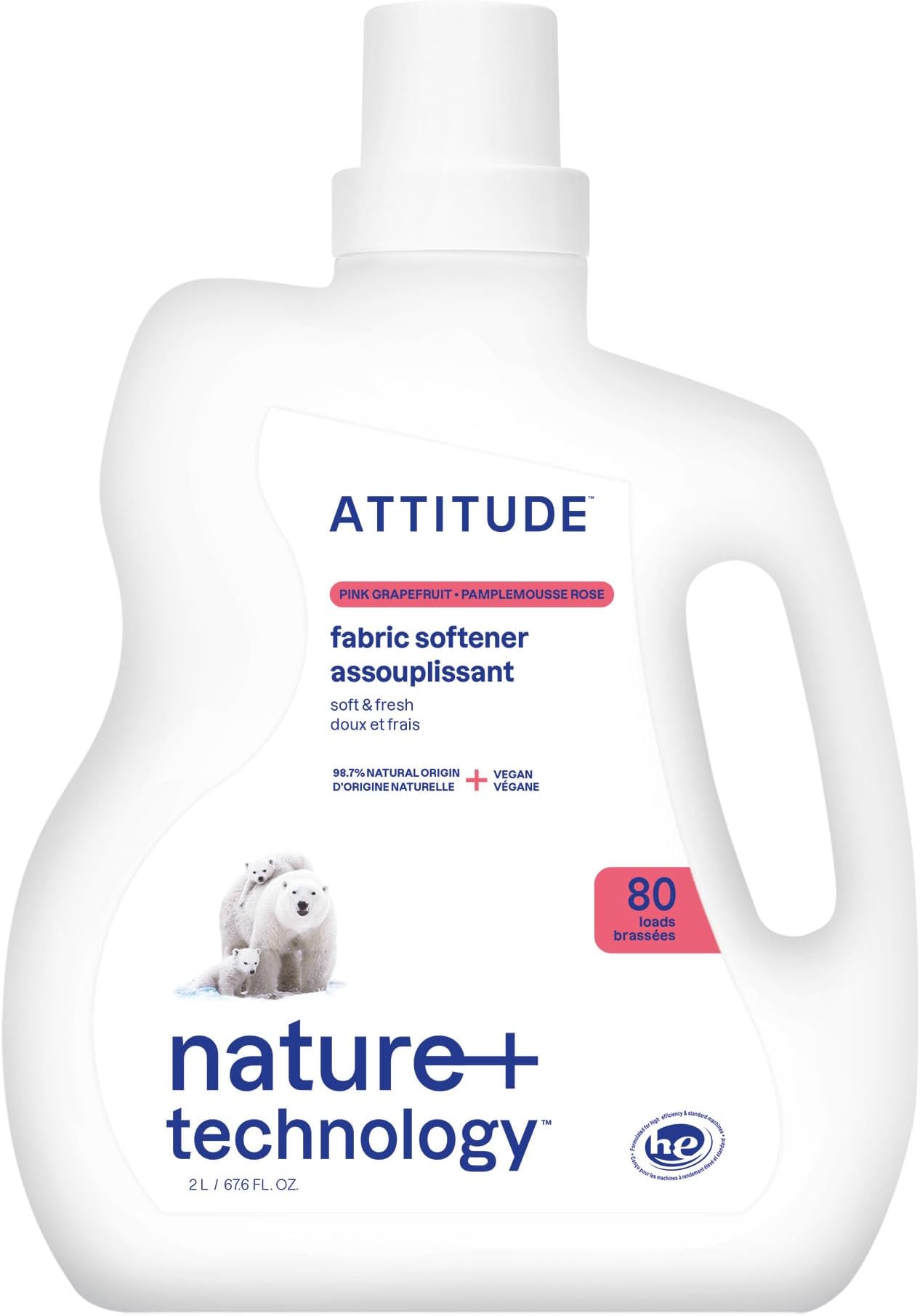 Liquid Fabric Softener, Plant-Based & Vegan, HE Compatible, Naturally Derived, Pink Grapefruit Scent, 80 Loads, 2 Liters
