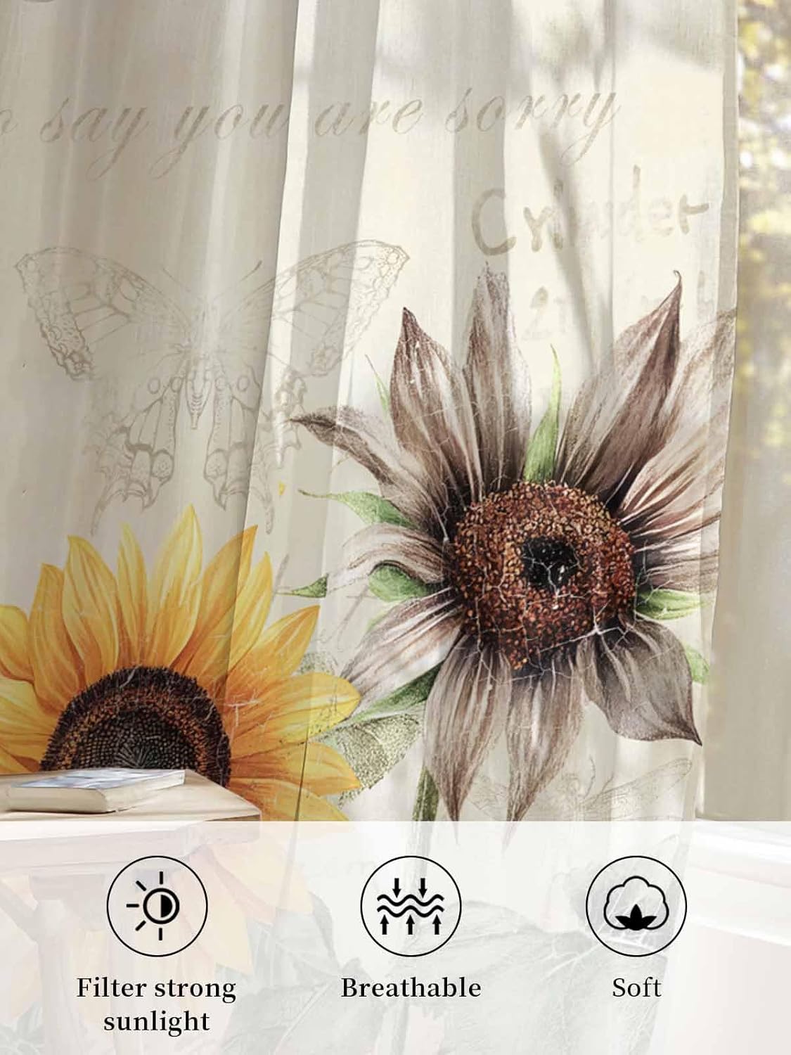 Sunflowers Farmhouse Sheer Curtains 84 Inches Long, Botanical Flowers Light Filtering Window Curtains for Living Room/Bedroom, Vintage Rod Pocket Voile Sheer Curtain Drapes, 52"W x 84"L, 2 Panels