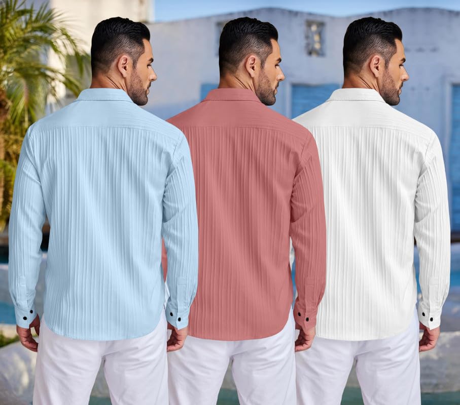Image of FINIVO FASHION Combo of Men's Casual Cotton Plain Button Down Shirt Long Sleeve Textured Summer Beach Shirt for Men Pack of 3
