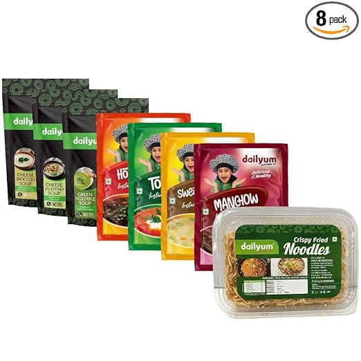 Soup-er Seven Soupy Noodly Combo of 8 |Regular |Manchow |SweetCorn |Tomato | Hot N Sour | Green Veg. | Cheese Broccoli| Cheese Jalepeno |Soup 50g Each| Crispy Fried Noodles 200g